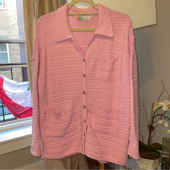 Free People Beach Day Dreaming Button Up Pink Cardigan - Picture 3 of 9